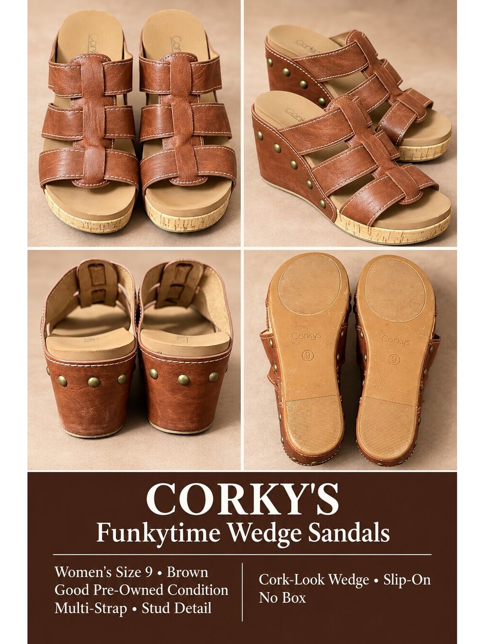 Corkys Funkytime Brown Studded Cork Wedge Sandals Size 9